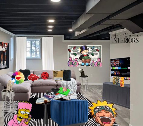 #edesign #hypebeast #hypebeastlivingroom #livingroom #interiordesign #agameinteriors #interior #decor #decoration #design #designer #studioapartment #room #home #house #smileyface #alecmonopoly #alecart #art #monopoly #money #resinart #Bartsimpson #Naruto #narutoshippuden #rug #anime #sofa #sneaker #nikesb #michael #kaws #bearbrick #hype #bape #popart Hypebeast Living Room, Kaws Bearbrick, Living Room Studio, Monopoly Money, Room Studio, Virtual Design, Home House, Studio Apartment, Decoration Design