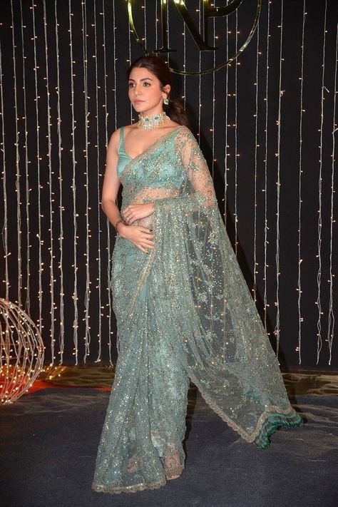 Glamorous Indian Model Anushka Sharma In Green Saree Designer Sarees Wedding, Sarees For Girls, Indian Sari Dress, Sari Dress, Indian Fashion Saree, Saree Designs Party Wear, Ghagra Choli, Indian Bridal Outfits, Saree Trends