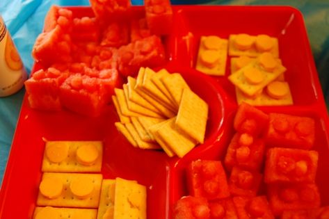 Lego Party Snacks Lego Fruit Tray, Legos Party Ideas, Lego Themed Food Party Snacks, Cheap Lego Birthday Party, Lego Party Food, Lego Vbs, Lego Party Favors Walmart, Cheap Party Food, Lego Friends Party