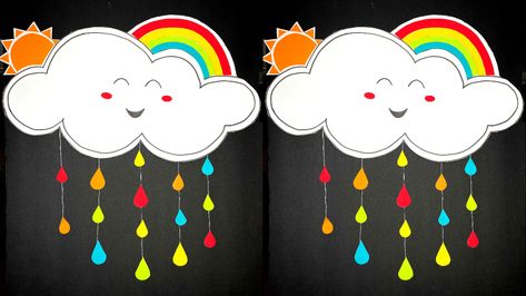 DIY Cloud Rainbow and Raindrops Kids Room Decor Diy, Nursery Room Wall Decor, Wall Hanging Paper Craft, Hanging Paper Craft, Diy Kids Room Decor, Cloud Rainbow, School Board Decoration, Diy Clouds, Craft Kids