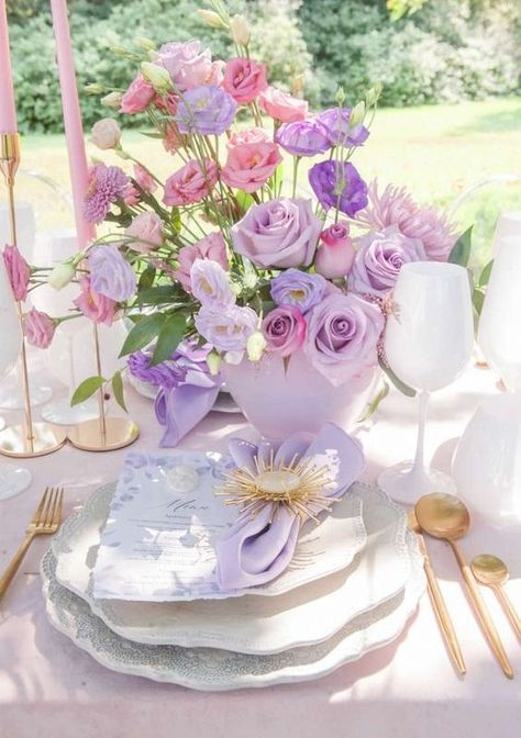 Pink And Purple Tablescape, Pink Purple Wedding Decor, Purple Wedding Decor, Whimsical Wedding Theme, Tablescape Design, Garden Themes, Whimsical Garden Wedding, Pink Purple Wedding, Table Rose