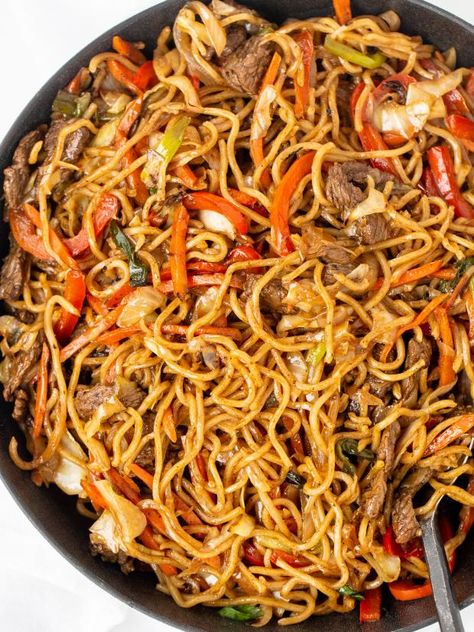 This Yakisoba can be quickly prepared at home with easy step by step instructions. It cooks in under 30 minutes and reheats well. Yakisoba: 焼きそば [jakiꜜsoba]), is a classic Japanese street food that is cooked on a large iron grill. Yakisoba consists of the word Yaki, meaning grilled or fried, and Soba, meaning noodles. Most commonly you will see ramen noodle used in preparation of Yakisoba. Yakisoba Sauce is very easy to prepare. It's just a combination of sugar, soy sauce, oyster sauce, ... Yakisoba Sauce Recipe, Yakisoba Noodles Recipe, Beef Yakisoba, Yakisoba Sauce, Yakisoba Recipe, Chicken Yakisoba, Japanese Noodle Dish, Beef Stir Fry Recipes, Japanese Street Food