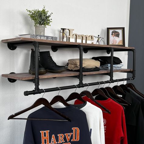 Shelf With Hanging Rod, Pipe Closet, Industrial Pipe Clothing Rack, Pipe Clothes Rack, Organiser Son Dressing, Industrial Clothing, Pipe Shelves, Closet Rod, Industrial Pipe