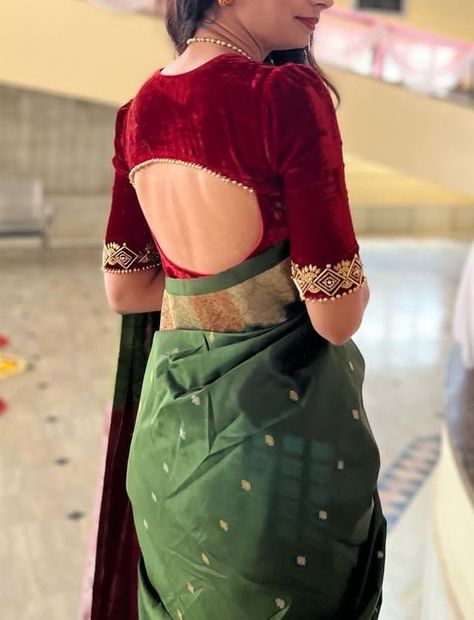 Banasari Blouse Designs, Velvet Blouse Back Neck Designs Latest, Velvet Blouse With Silk Saree, Velvet Blouse Neck Designs, Velvet Back Neck Design, Welwet Blouse Designs Latest, Velvate Blouse Designs, Velvet Blouse Designs Indian Silk Saris, Velvet Blouse Patterns Saree