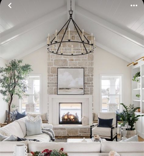 Fireplace Vaulted Ceiling Windows, Fireplace With Windows Above, Fireplace With Built Ins And Windows, Fireplace With Vaulted Ceiling Ideas, Windows On Either Side Of Fireplace, Townhouse Fireplace, Fireplace With Windows On Each Side, Fancy Fireplace, Cabana Ideas