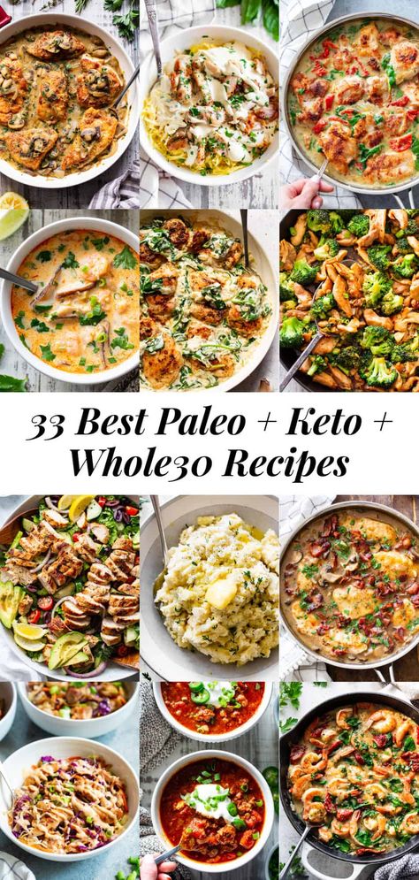 These 30 healthy, nourishing Paleo and Keto recipes are sure to make everyone in the family happy!  Each recipe is grain free,  dairy free, no added sugar, Whole30 and keto friendly, and easy to prep and cook.  #paleo #keto #cleaneating #glutenfree #whole30 Whole30 Keto Recipes, Paleo Entertaining Dinners, Whole 30 Entrees, Whole 30 Recipes For A Crowd, Whole30 Potluck Recipes, Whole30 Winter Recipes, Whole 30 Holiday Recipes, Asian Whole 30 Recipes, Whole 30 Christmas Recipes