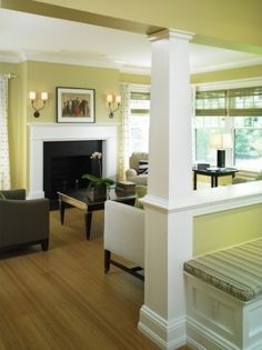 half wall between family room and sunroom Half Wall Room Divider, Living Room Victorian, Columns Interior, Boston Living Room, Interior Columns, Divider Design, Starting Line, Walls Room, Design Del Prodotto