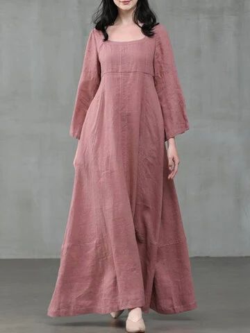 ZANZEA Solid Color A-Line Long Sleeve Maxi Cotton Loose Dress is comfortable, see other simple casual dress on NewChic Mobile Watermelon Red, Ruffles Fashion, Autumn Dress, Sleeves Clothing, Crewneck Dress, Cotton Maxi, Maxi Dress Cotton, Women Maxi, Maxi Dresses Casual