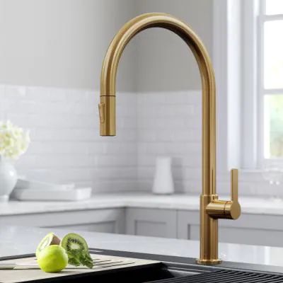 Oletto High-Arc Single-Handle Pull-Down Sprayer Kitchen Faucet in Brushed Brass Gold Kitchen Faucet, Pull Down Kitchen Faucet, Cleaning Faucets, Kitchen Faucet With Sprayer, Brass Kitchen Faucet, House Vibes, Single Handle Kitchen Faucet, Brass Kitchen, Gold Kitchen