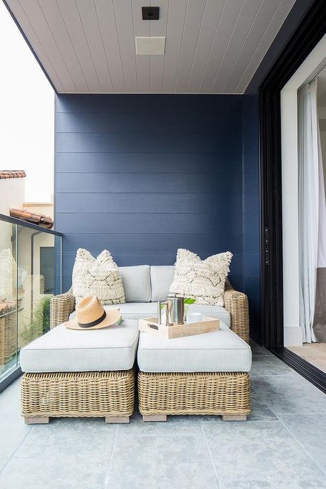 Blue Shiplap Balcony Walls Shiplap On Exterior Of House, Painted Balcony Wall, Blue Balcony Decor, Outdoor Shiplap Wall Patio, Balcony Color Ideas Wall, Balcony Wall Tiles Ideas, Tiles For Balcony Walls, Balcony Tiles Wall, Balcony Wall Tiles