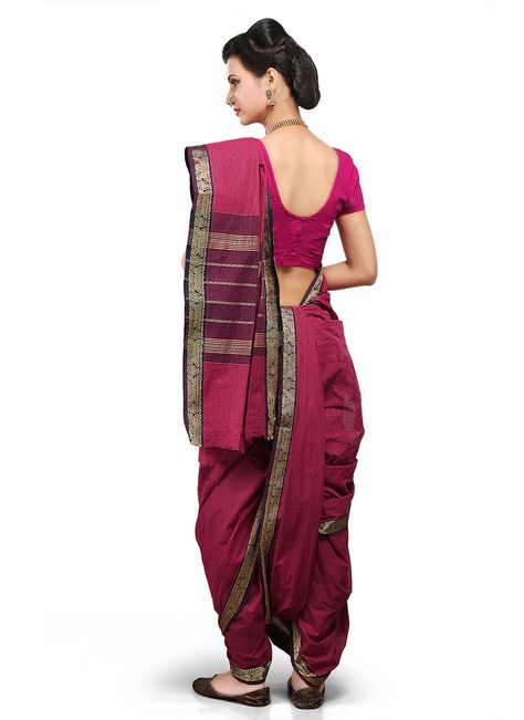 dark-pink-cotton-nauvari-saree. Draping Blouse, Marathi Saree, Kashta Saree, Saree Drape, Nauvari Saree, Gold Color Combination, Sari Design, Saree Models, Embellished Blouse