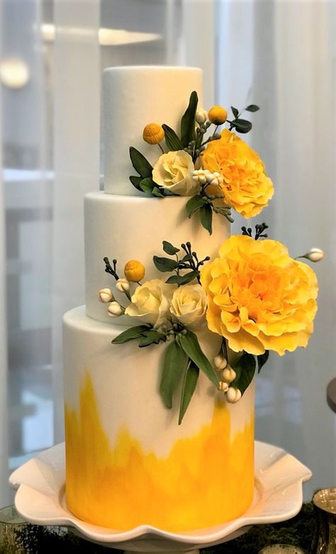 Yellow Cake Wedding, Yellow Two Tier Cake, Cake With Yellow Decoration, Cakes With Yellow Flowers, Wedding Cake With Yellow Flowers, Yellow And White Wedding Cake, Wedding Cakes Yellow, Yellow And Green Wedding Cake, Wedding Cake Designs Yellow