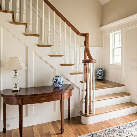 McPhee Associates of Cape Cod | ✨These staircases have timeless appeal.✨ To highlight how the style of a baluster can impact a design, we chose five stairways that pair… | Instagram Traditional Farmhouse Staircase, Turning Staircase, Maple Staircase, White Balusters, Colonial Staircase, Staircase Molding, Small Country House, Craftsman Staircase, Wood Banister