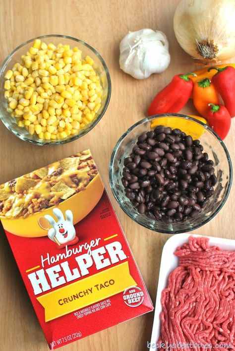 Loaded Crunchy Taco Hamburger Helper Recipe Taco Hamburger Helper, Taco Hamburger, Hamburger Helper Recipe, Hamburger Helper Recipes, Taco Rice, Taco Recipe, Hamburger Helper, Corn Chips, Taco Recipes