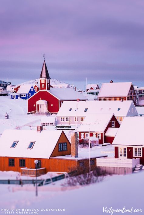 Spend December in the snow-covered capital of Greenland where Christmas warmth is guaranteed in the winter darkness. Christmas In Greenland, Nuuk Greenland, Christmas Getaways, Night Anime, Fate Stay Night Anime, Over The Hill, World Trip, City Breaks, Best Kept Secret