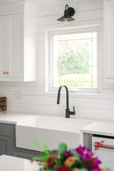 #Kitchen #KitchenInspo #Backsplash #ShiplapBacksplash #ModernShiplap #KitchenRenovation Shiplap Kitchen With Tile Backsplash, Using Shiplap As Kitchen Backsplash, Shiplap With Tile Backsplash, White Wood Kitchen Backsplash, Green Shiplap Kitchen, Backsplash Shiplap Kitchen, Shiplap And Brick Backsplash Kitchen, White Wood Backsplash, Shiplap Wall Kitchen Backsplash