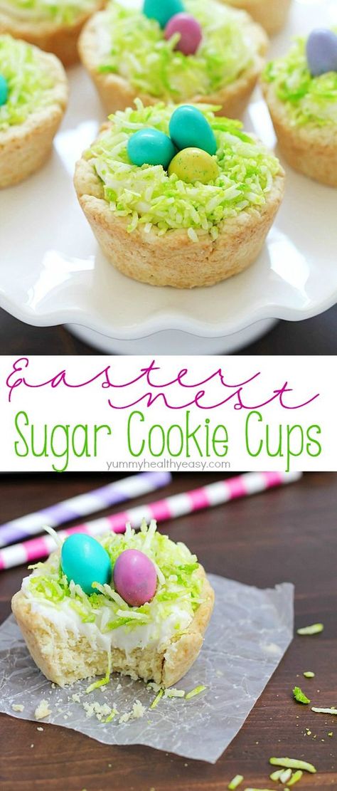 Need a fun treat to make for an Easter get together? Make these darling Easter Nest Sugar Cookie Cups! Sugar cookie dough cooked in a muffin tin, filled with vanilla frosting, topped with green tinted coconut and M&M eggs to look like a little bird's nest. So cute and great for spring! #truvia Easter Cookie Bars, Easter Chocolate Bark, Easter Egg Sugar Cookies, Sugar Cookie Cups, Cookie Cups Recipe, Egg Cookies, Easter Nests, Easter Sugar Cookies, Easter Desserts Recipes