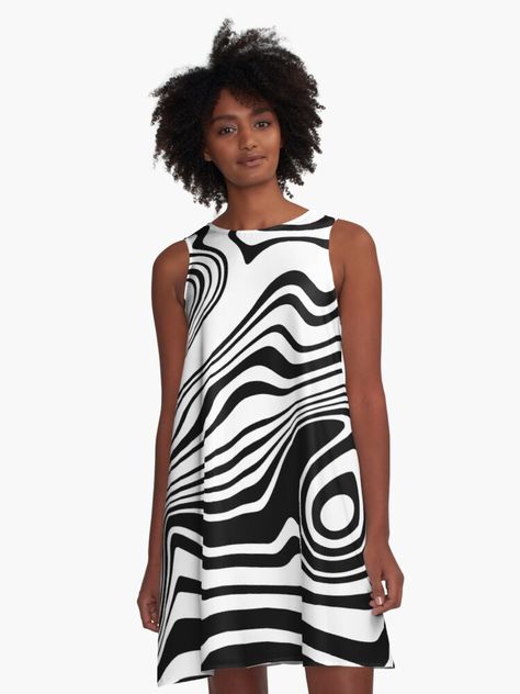 black and white abstract marbled lines, makes an eye-catching yet timeless design for clothing, home decor and accessories • marbled, black, white, black and white, line art, stylish, fancy, fashionable Curvy Lines Pattern, White A Line Dress, Visual Illusion, Printed Fashion, Look Into My Eyes, Black And White Lines, Illusion Dress, Black And White Wallpaper, Aline Dress