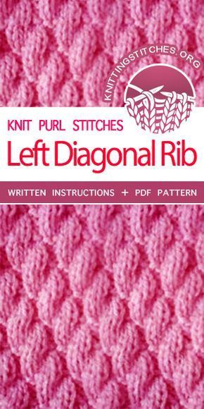 Knitting Stitches -- KNIT THE DIAGONAL STITCH (to the left). This stitch is particularly suited to items such as pillow case covers. #knitting Diagonal Rib Stitch, Knitting Ideas For Beginners, Free Knit Shawl Patterns, Etsy Knitting Patterns, Knitted Washcloth Patterns, Knitting 101, Knit Purl Stitches, Knitting Patterns Free Sweater, Knitting Patterns Free Scarf