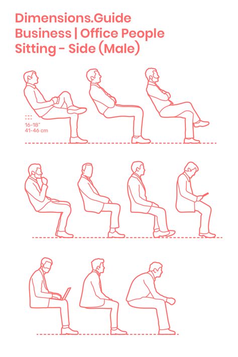 Assorted drawings of businessmen in various sitting postures representing common office postures of reclining, resting, thinking, typing, and listening. All drawings are set at standard office chair seat heights between 16”-18” | 41-46 cm. Downloads online #work #office #business #people #humans How To Draw Someone Sitting In A Chair, Person Sitting In Chair Side View, Sitting People Drawing, Sitting Posture Drawing, People Sitting Drawing, Person Thinking Drawing, Posture Drawing, Sitting Drawing, Office Drawing