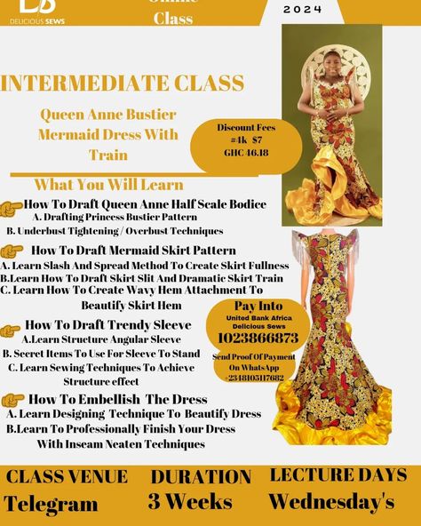 Registration For our Intermediate Class Is On This Class Features, A Queen Anne Bustier Mermaid Dress. With Skirt Train Come And Learn The Tricks To Achieving A Well Contoured Bustier I Will Be Spilling Secrets Techniques That Are Super Easy To Draft. Bustiers Are Timeless Styles, You Need To Be Able To Sew One. This Class Is A Masterpiece, From The Trendy Structured Sleeves, Down To The Dramatic Skirt Train And The Vibrant Wavy Pleated Attachment. It is A Pack Of Knowledge That Y... Discount Price, Mermaid Dress, School Fashion, Queen Anne, Online Classes, Dressmaking, Sewing Tutorials, Queen