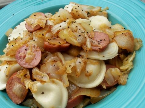 I love pierogies and they finish this cabbage-kielbasa saute perfectly. I know there are plenty of really good cabbage, kielbasa and potato recipes, but the pierogies in this dish just melt in your mouth. Not a diet dish, but a delicious comfort food meal. I got the recipe from a PBS home cooking special and have loved it ever since. Note that cooking start times overlap in this recipe. Reduce the amount of butter if desired. Kielbasa And Pierogies, Cabbage Kielbasa, Pierogies Recipe, Sausage Cabbage, Pasta Food Recipes, Kielbasa Recipes, Pasta Food, Menu Plan, Kielbasa