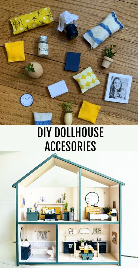 Dollhouse accessories made out of things you likely have on hand or can find for cheap! Hobbycraft Dolls House, Doll House Stairs Diy, Dolls House Accessories, Tiny Doll House Mini Things, Diy Dollhouse Bedroom, How To Make Doll House, Diy Dollar Tree Dollhouse, Cricut Dollhouse Furniture, Kid Kraft Dollhouse Makeover