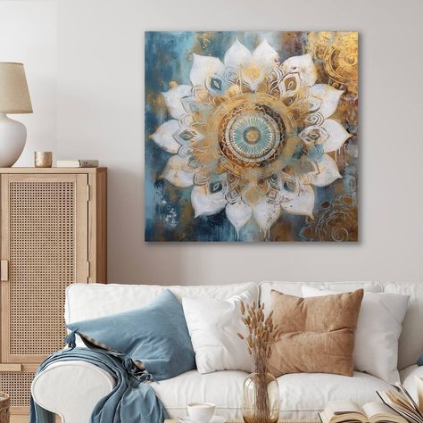 Designart Impresión en lienzo con mandala bohemio "White And Gold Mandala Ii" - Bed Bath & Beyond - 38086816 Mandala Canvas, Boho Mandala, Gold Mandala, Ink On Canvas, Black Picture Frames, Gold Picture Frames, Framed Canvas Wall Art, Bungalow Rose, Framed Canvas Art