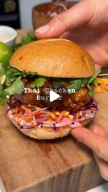 43K views · 1.4K likes | Georgia May on Instagram: "Thai Chicken Burgers with Sesame & Peanut Slaw and a Curry Yoghurt Sauce 

These are soooo delicious, legit the most amazing burger ever. I have made these every week since I perfected the recipe. 
The patties keep in the fridge for 3 days. 

Burgers (makes 4 large patties) 
- 500g chicken mince 
- 2 tbsp Red Thai Curry Paste @thaitasteuk 
- 2 spring onions 
- Small bunch coriander 
- 1 tsp of soy sauce 
- 1 egg @clarence_court oves
- 25g breadcrumbs 

Glaze 
- 2 tbsp soy
- 2 tbsp honey 
- 1 tbsp Sriracha @sriracha_fg 
- Drizzle of sesame oil 

Slaw 
- 100g red cabbage 
- 100g white cabbage 
- 100g carrots 
- Handful roasted peanuts, chopped 
- 1/2 lime, juice and zest 
- Drizzle of sesame oil 
- Good pinch of sesame seeds 
- Pinch of sal Thai Chicken Burgers, Snacky Lunches, Cabbage Sandwich, Peanut Slaw, Chicken Burger Recipe, Burgers Chicken, Basil Pesto Chicken, Red Thai Curry, Yoghurt Sauce