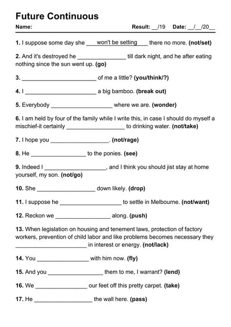 Future Continuous Exercises - PDF Worksheet 3 Future Continuous Tense Worksheet, Future Continuous Tense, Progressive Verbs, English Grammar Pdf, Main Verbs, Nouns Worksheet, Future Tense, Verb Forms, Teaching English Grammar