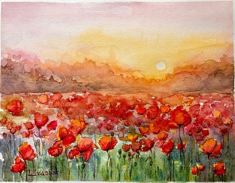 Poppies Landscape, California Poppy Art, Poppy Field Painting, Painting Poppies, Poppies Art, Poppy Fields, California Poppies, Watercolor Poppies, Poppy Art