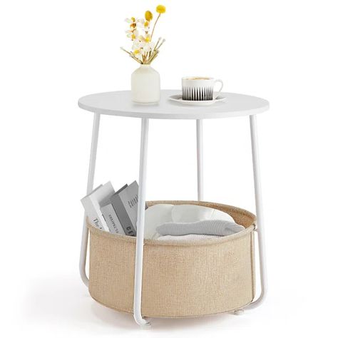 Khyier Round 2-Tier End Table Side Table with Fabric Basket Room Nightstand, Linen Basket, Small Round Side Table, Minimalist Side Table, Linen Baskets, Living Room Furniture Styles, Round End Table, Side End Table, Small Bed