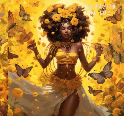 Black Godesses Art, Black Queen Art Goddesses, Oshun Goddess Art, Black Fairy Aesthetic Art, Osun Orisha Goddesses, Black Goddess Drawing, African Princess Art, Black Women Art Goddesses, Orishas Deities