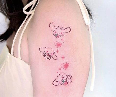 My Melody Tattoo Small, Cinnamoroll Tattoo Small, Cinnamon Roll Tattoo Sanrio, Cutecore Tattoo, Tattoo Ideas Kawaii, Pink Tattoo Aesthetic, Sanrio Tattoo Ideas, Cinnamoroll Tattoo, My Melody Tattoo