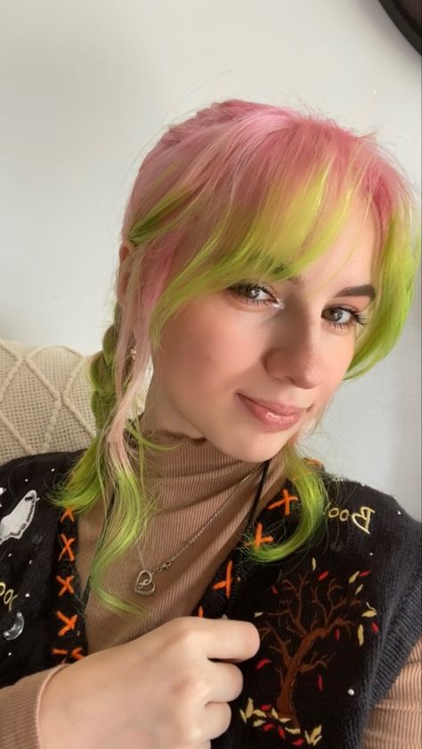 Split Dyed Hair Pink And Green, Fairy Colored Hair, Green And Pink Hair Aesthetic, Pink Hair With Green Highlights, Strawberry Hair Dye, Pink Hair With Green Tips, Green And Pink Dyed Hair, Mint Green And Pink Hair, Pink And Lime Green Hair