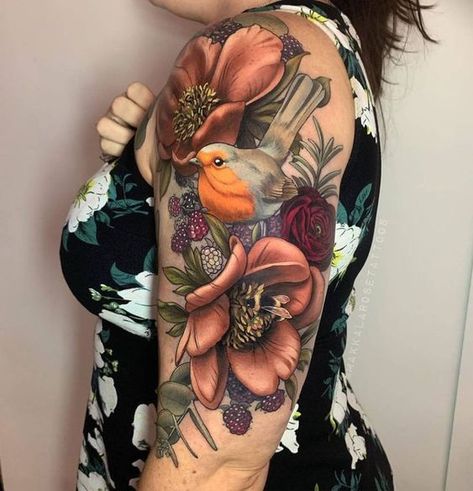 Robin Tattoo, Autumn Tattoo, Tattoos Arm, Floral Tattoo Sleeve, Plant Tattoo, Tatuaje A Color, Shoulder Tattoos For Women, Flowers Tattoo, Tattoo Design Ideas