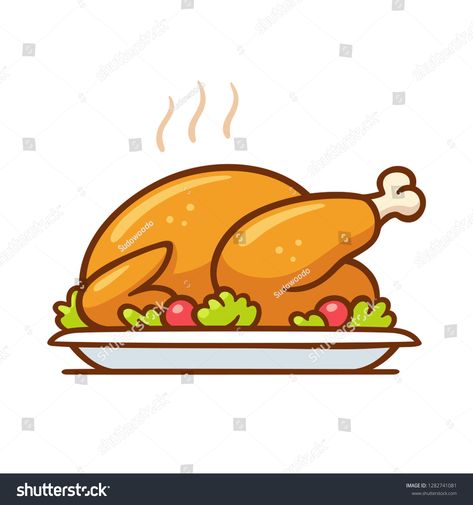 Roast turkey or chicken on plate, traditional Thanksgiving dinner clip art illustration. Simple cartoon style isolated drawing. #Ad , #sponsored, #traditional#Thanksgiving#dinner#plate Roasted Chicken Illustration, Cooked Turkey Drawing, Chicken Food Drawing, Dinner Tattoo, Turkey Sketch, Tiny Sketches, Thanksgiving Drawings, Thanksgiving Graphics, Turkey Cartoon