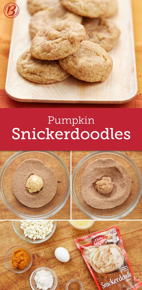 Betty member mizzie2237 asked, "How can I turn snickerdoodle cookies into pumpkin doodles?" and we're here with the super-easy answer! Just add 1/4 c. pumpkin puree, plus a couple teaspoons of pumpkin pie spice to our Snickerdoodle cookie mix (plus a handful of vanilla baking chips for good measure) and BOOM--pumpkin snickerdoodle central! Betty Crocker Sugar Cookie Mix, Betty Crocker Cookie Mix, Pumpkin Snickerdoodle Cookies, Cookies Snickerdoodle, Betty Crocker Cookies, Betty Crocker Sugar Cookies, Snickerdoodle Cookies Easy, Canned Pumpkin Recipes, Pumpkin Spices