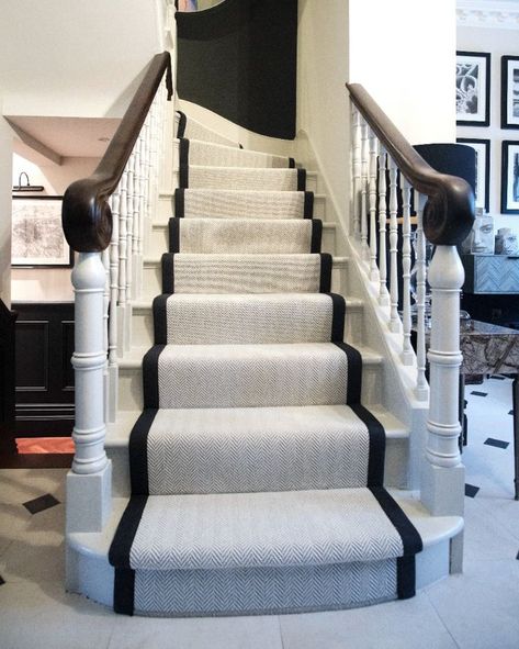 These gorgeous stairs have been treated to one of our bespoke flatweave herringbone runners, featuring Crucial Trading's timeless Alpine, finished with a black linen taped edge. Herringbone Stair Runner, Wool Stair Runner, Carpet Staircase, House Staircase, Neo Classical, Woven Wood, Richmond Hill, Stair Runner, Black Linen