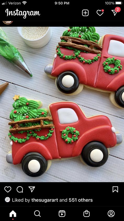 Truck Cookies, Christmas Truck With Tree, Christmas Yummies, Icing Techniques, Sugar Cookie Icing, Winter Cookie, Christmas Farm, Tree Cookies, Cookie Time