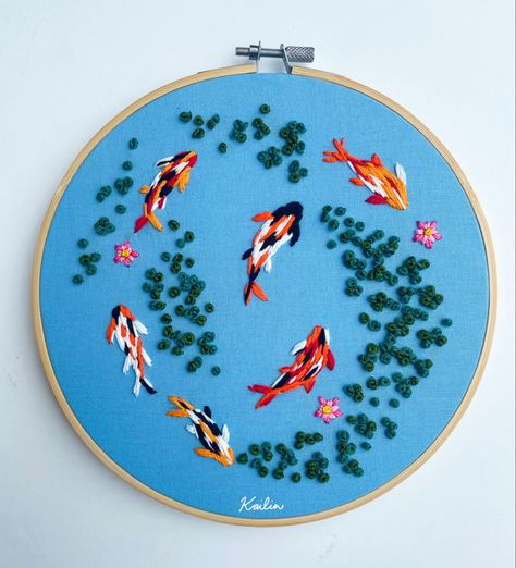 Koi Fish Pond Embroidery, How To Embroider Koi Fish, Coy Fish Embroidery, Embroidery Coy Fish, Koi Embroidery Patterns, Embroidered Koi Fish, Lilypad Embroidery, Lily Pad Embroidery, Koi Fish Embroidery Pattern