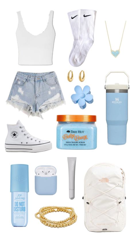 Mine don’t steal #white #lightblue #gold #preppy #school #outfit School Fit Ideas Summer, Cute Back To School Outfits 8th Grade, First Day Of School Outfit Sophmore Year, Preppy White Outfit, Preppy First Day Of School Outfits 5th Grade, Preppy Outfit Inspo School Casual, School Outfits Preppy Aesthetic, Outfit Ideas Shorts School, School Fits For Hot Weather