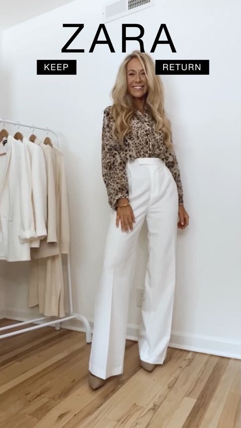 Animal Print Top Outfit, Printed Top Outfit, Beige Tank Top, White Button Up Shirt, Cream Trousers, Animal Print Outfits, Leopard Print Shirt, White Trousers, Zara Blouse