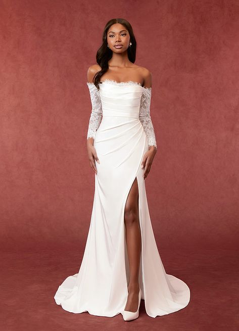 Long Waist Wedding Dress, Wedding Dress Fitted Simple, Fitted Winter Wedding Dress, Sleek Wedding Dress With Sleeves, Off The Shoulder Wedding Dress With Sleeves, Wedding Dress Styles For Short Women, Azazie Wedding Dresses, Wedding Dress Sleeves Lace, Wedding Dresses Square Neckline