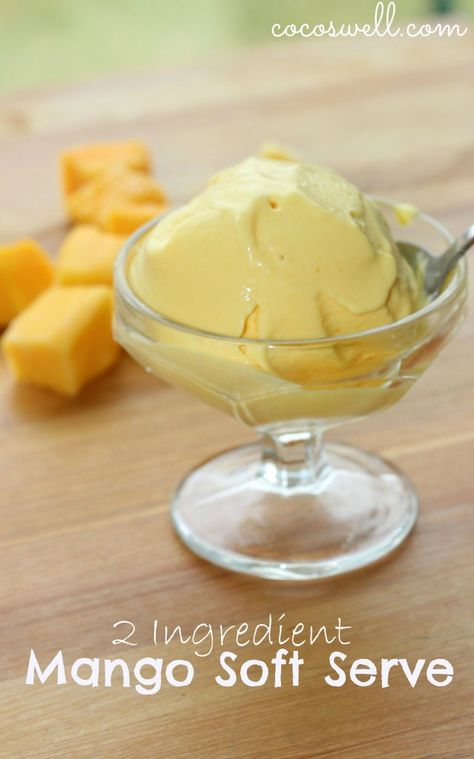 mango soft serve! Just two ingredients and it tastes like ice cream.  Dairy Free and Refined Sugar Free www.cocoswell.com Mango Soft Serve, Mango And Coconut Milk, Mango Coconut Milk Ice Cream, Mango Cream, Low Carb Ice Cream, Frozen Mango, Keto Friendly Desserts, Mango Coconut, 2 Ingredient