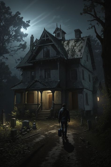 A ghost hunter searches for ghosts in a haunted house with a cemetery in the front yard during the night Haunted Cabin, Haunted House Pictures, Derelict House, Horror Collection, Ghost Hunter, Haunting Photos, Godzilla Wallpaper, Ghost House, Scary Games