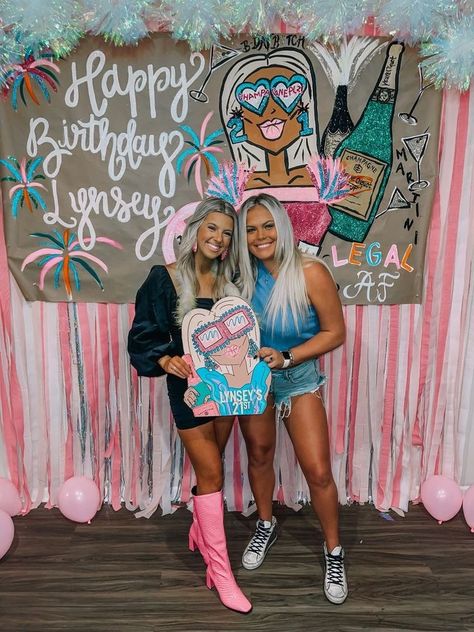 Sorority Birthday Banner, Birthday Photo Op Ideas, Birthday Party Themes College, 23 Birthday Decoration Ideas, 21st Banner Painted, College Bday Party, 21st Bday Sign, 20th Birthday Banner, 21 Birthday Sign Ideas