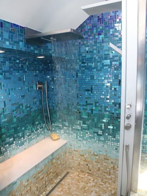 Hawaii Bathroom, Sea Glass Tile, Teal Shower, Glass Tile Bathroom, Mosaic Bathroom Tile, Beach House Bathroom, Tropical Bathroom, Mosaic Bathroom, Bathroom Tile Designs