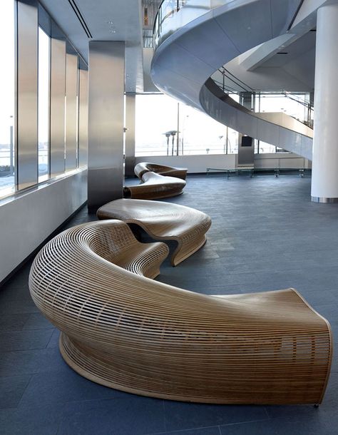 Wooden seating with sexy curves Bench Interior, Lobby Furniture, Lobby Seating, Old House Interior, Sculptural Furniture, Muebles Living, Futuristic Furniture, Parametric Design, Lobby Design