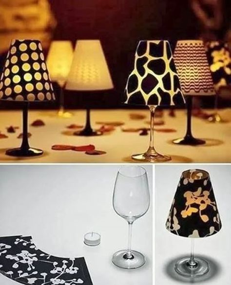 Inexpensive wine glasses ---> fancy candle lamps, just topped with vellum shade. (y) Template and video dirctions---> http://wonderfuldiy.com/wonderful-diy-fancy-wine-glass-candle-lampshades/ Wine Glass Candle Lamps, Candle Lamp Diy, Wine Glass Lamp, Diy Table Lamp, Diy Para A Casa, Wine Glass Decor, Wine Glass Candle, Candle Lamps, Decorated Wine Glasses